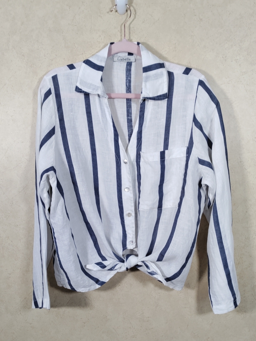 I132 LiaBella Blue & White Stripe Tie-Front Linen Blouse M